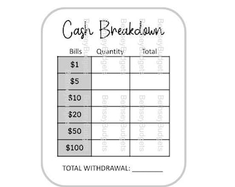 Recibo de desglose de efectivo / Hoja de cajero / Total de retiro de efectivo / PNG, descarga instantánea imprimible