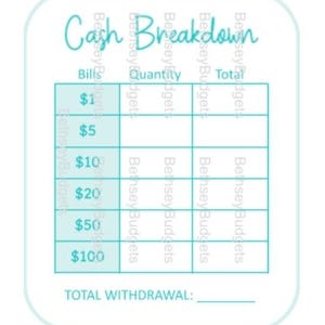 May include: A teal and white cash breakdown chart with the title "Cash Breakdown" in cursive. The chart lists bills from $1 to $100, with columns for quantity and total. The bottom has a line for "TOTAL WITHDRAWAL:"