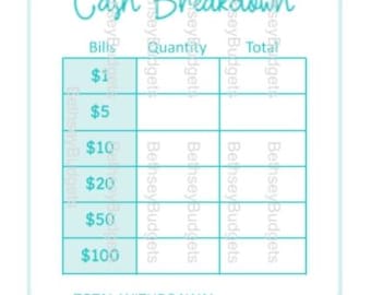 Recibo de desglose de efectivo azul cielo claro / Hoja de cajero / Total de retiro de efectivo / Png, descarga instantánea