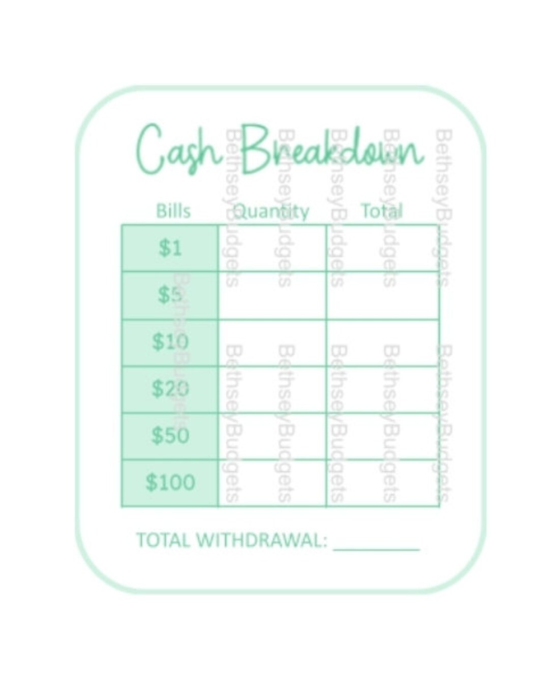 MINT GREEN Cash Breakdown Slip | Teller Sheet | Cash Withdrawal Total ...