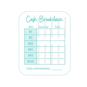 TEAL AQUA TURQUOISE Cash Breakdown Slip | Teller Sheet | Cash Withdrawal Total | Png, Instant Download