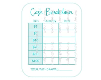 Recibo de desglose de efectivo / Hoja de cajero / Total de retiro de efectivo / Descarga instantánea (Png)