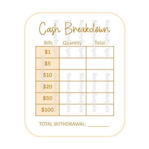 May include: A printable cash breakdown chart with a gold border and text. The chart has columns for bills, quantity, and total. The bills are $1, $5, $10, $20, $50, and $100. The chart also has a space for the total withdrawal.