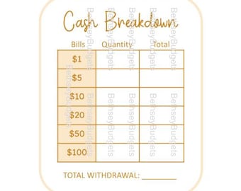 Recibo de desglose de efectivo / Hoja de cajero / Total de retiro de efectivo / Imagen PNG, descarga instantánea