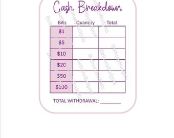 Recibo de desglose de efectivo / Hoja de cajero / Total de retiro de efectivo / 12 opciones de color, Png, Descarga instantánea