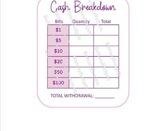 PURPLE PINK BLEND Cash Breakdown Slip | Teller Sheet | Cash Withdrawal Total | 12 color choices, Png, Instant download