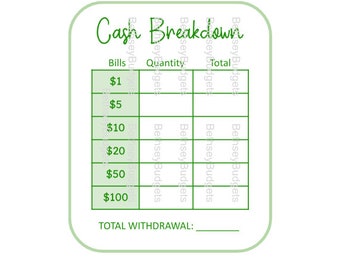 Recibo de desglose de efectivo/Hoja de cajero (PNG, descarga instantánea)