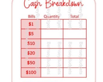 Recibo de desglose de efectivo / Hoja de cajero / Total de retiro de efectivo / Descarga instantánea
