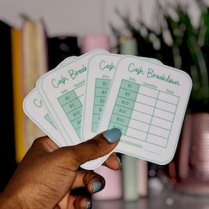 MINT PISTACHIO GREEN / Tarjeta de desglose de efectivo / Laminado reutilizable / Hoja de cajero / Retiro de efectivo Facturas exactas Total / Envío gratuito