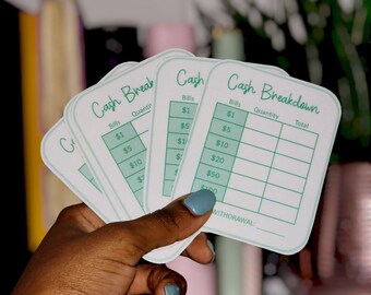 Tarjeta de desglose de efectivo de Mint / Hoja laminada reutilizable para cajero