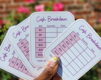 Tarjeta de desglose de efectivo en mezcla de morado y rosa / Laminada reutilizable / Hoja para cajero / Total de retiro de efectivo / Envío gratuito