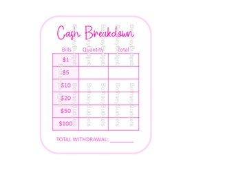 Recibo de desglose de efectivo/presupuesto imprimible en rosa intenso (descarga digital)