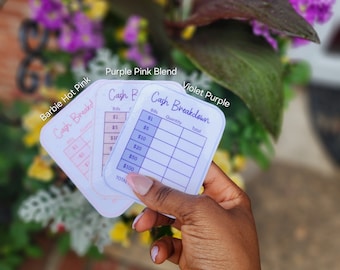 Recibo de desglose de efectivo para el llenado de efectivo / Elija su color (juego de 3) / Hoja laminada para cajero / Herramienta de presupuesto en sobre