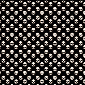 以下が含まれることがあります： 黒い背景に白いドクロが繰り返されるパターン。ドクロは均等に配置され、詳細でリアルな外観をしており、ゴシックまたはハロウィーンをテーマにしたデザインを作成しています。