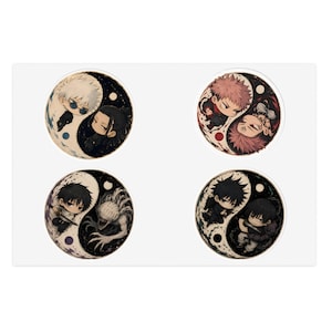 May include: A sticker sheet featuring four circular designs, each depicting two chibi-style anime characters arranged in a yin-yang formation. The illustrations showcase various characters with distinct hair colors, outfits, and expressions in a stylized, compact format.