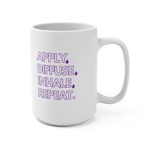 May include: White ceramic mug with the text "APPLY, DIFFUSE, INHALE, REPEAT." in purple lettering. Each word is followed by a small purple droplet.
