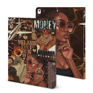 Könnte beinhalten: Eine Tablet-Hülle mit Illustrationen einer schwarzen Frau mit Sonnenbrille und Schmuck. Das Wort "MONEY" wird zusammen mit dem Text "MELANIN IS IN SKIN" angezeigt. Die Hülle hat ein braunes und goldenes Farbschema.
