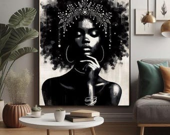May include: Black and white portrait of a woman with a crown of jewels and large hoop earrings. The woman is looking down and has her hand on her chin. The background is a textured white.