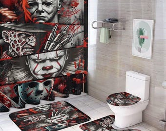 May include: A bathroom set with a shower curtain, toilet seat cover, and two bath mats. The shower curtain features a horror movie theme with images of various characters, including a clown, a hockey mask, and a man with a scar. The bath mats and toilet seat cover feature similar images.
