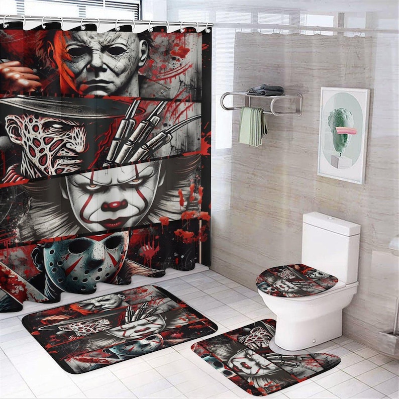 Horror Movies Shower Curtain Set With 3 Rugs/ Halloween Theme Bathroom