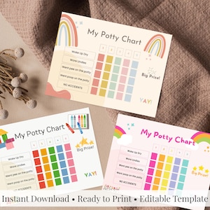 May include: Three printable potty training charts with rainbow and star designs. Each chart has a section for tracking progress with colorful boxes and the text "My Potty Chart". The charts include the text "Instant Download • Ready to Print • Editable Template".