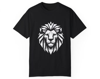 Polygonal Lion-Black and white-Unisex Garment-Dyed T-shirt