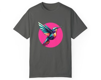 Polygonal hummingbird-Pink circle-Unisex Garment-Dyed T-shirt