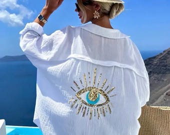 Evil eye beach cover-up shirt , white color, large and medium