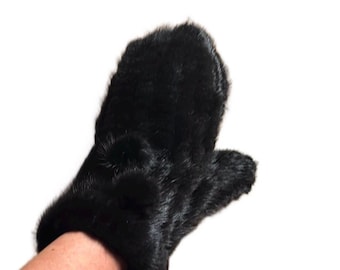 Real Fur Mink Black  Mittens: Women's Luxury Winter Gloves Fashion Accessory
