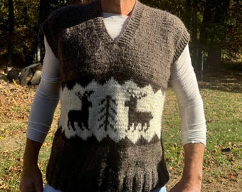100% Undied Organic Wool Vest Warm Hand Knitted Winter pullover Handmade Cardigan Unisex Thick