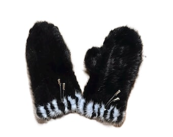 Real Fur Mink Black  Mittens: Women's Luxury Winter Gloves Fashion Accessory with white desing on top