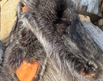 Raccoon large natural  Fur Mittens with white Mink Linning Unisex Leather Palm Winter Gloves