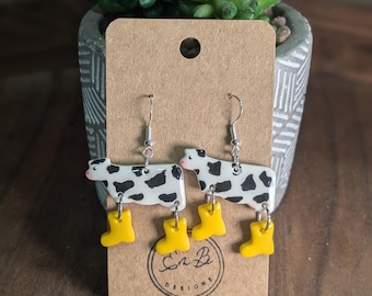 Polymer Clay Cow with Boots Earrings