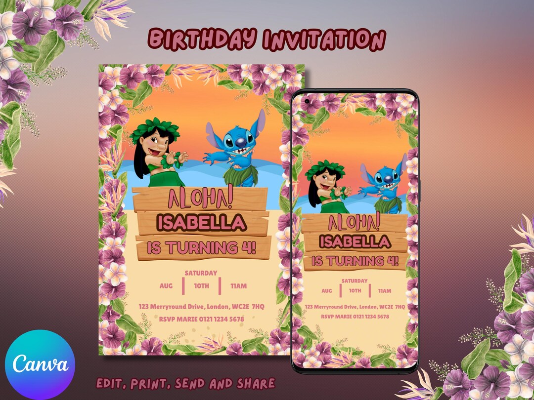 Lilo and Stitch Invitation, Editable Lilo & Stitch E-invite, Hawaiian ...