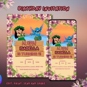 Lilo and Stitch Invitation, Editable Lilo & Stitch E-Invite, Hawaiian Luau Birthday Party, Canva Template Instant Download, Children Invite