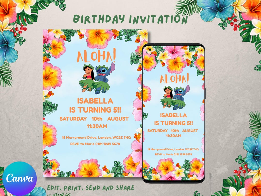 Lilo and Stitch Invitation, Editable Lilo & Stitch E-invite, Hawaiian ...
