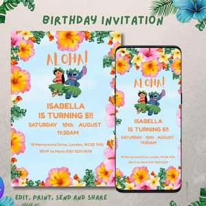 Invito a tema Lilo e Stitch, invito elettronico modificabile a tema Lilo e Stitch, festa di compleanno a tema Luau hawaiano, modello Canva scaricabile immediatamente, invito per bambini