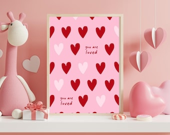 Valentine's Day Pink Heart Art Vintage Red Pink Print Romantic Wall Decor Primitive Gift for Her Digital Design Valentines Day Art Digital