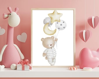 Vintage Nursery Gallery Wall Printable, Vintage Teddy Bear Sketch Print, Teddy and Balloon, Neutral Baby room Decor, Digital Download