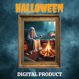 Ghost Around A Campfire Digital Print | Ghost Camping | Spooky Cute Ghost | Forest Wall Art| Ghost Camp Fire Wall Art Halloween