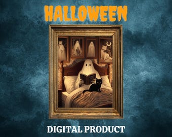 May include: A framed painting of a ghost reading a book in bed with a black cat. The painting is set in a bedroom with a vintage aesthetic and features other ghosts and cats in smaller frames on the wall.