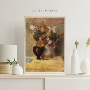 Arte murale Natura morta con fiori Bouquet di fiori primaverili vintage in vaso di cristallo, stampa artistica floreale, pittura di fiori stampabile