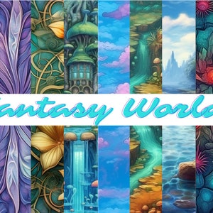 Może przedstawiać: Kolaż fantastycznych światów z różnymi krajobrazami, w tym błękitne niebo z chmurami, wodospad, las i jaskinia. Tekst "Fantasy Worlds" jest napisany w środkowej części obrazu.