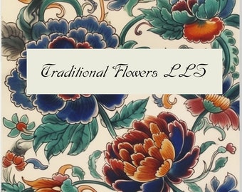May include: A vintage style illustration of traditional flowers in shades of blue, green, red, and orange on a white background. The text "Traditional Flowers LL5" is printed in black cursive font on a white rectangle.