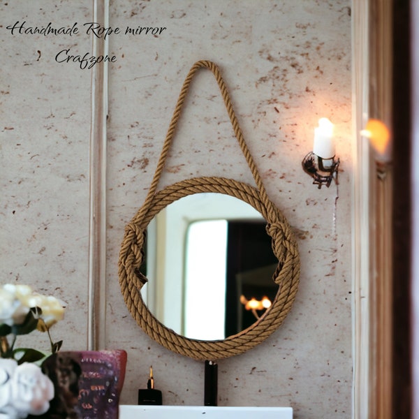 Espejo de cuerda de yute de madera MDF, espejo rústico náutico para montaje en pared, espejo costero, espejo de baño, espejo Mackup, espejo decorativo para colgar en la pared