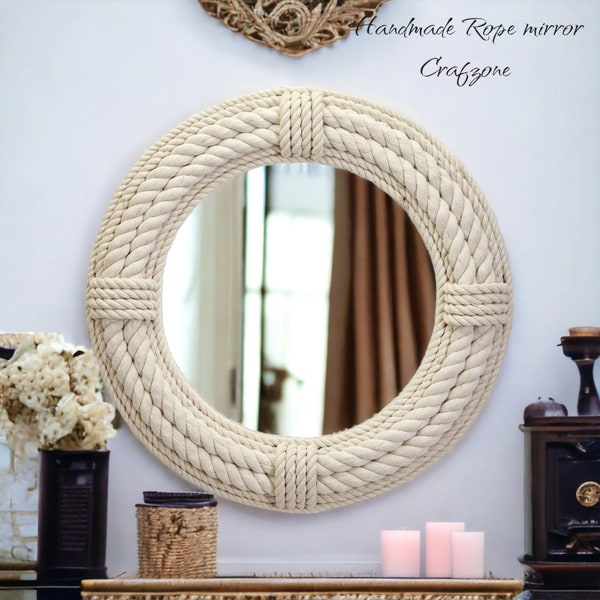 Handcrafted Engineered Wood White Rope Mirror Nautical Wall Mount Mirror Coastal Round Mirror Bathroom Decorative Mirror Wall Hanging