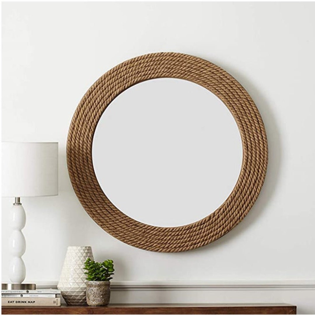 MDF Wood Jute Rope Mirror Rustic Nautical Wall Mount Mirror Coastal