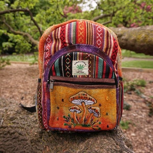 Mushroom Unique Dawn Small Hippie Backpack Mushroom Print Himalaya Hemp Backpack Festival Backpack Hiking FAIR TRADE Handmade with Love