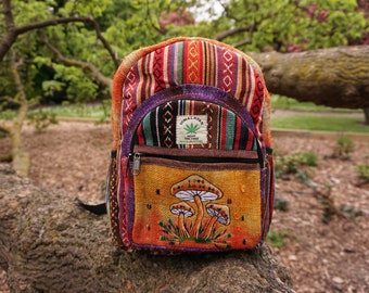 Pilz Einzelstück Dawn Kleiner Hippie Rucksack Pilz Print Himalaya Hanf Rucksack Festival Rucksack Wandern FAIR TRADE Handmade with Love