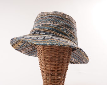 Traditional Aztec Print Blue Cotton Bucket Hat Beach Hiking Travel Summer Hat Hippie Hat Festival Essential Sun Hat